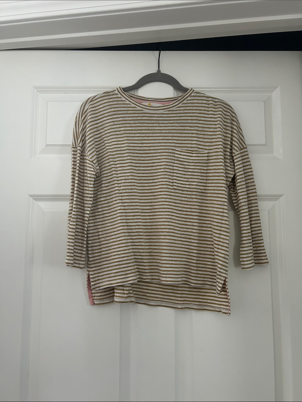 Boden Beige and White Striped Long Sleeve Top